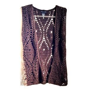 Vintage Y2K Crochet Vest Duster Cardigan Brown Festival Hippie Boho Sz S/M